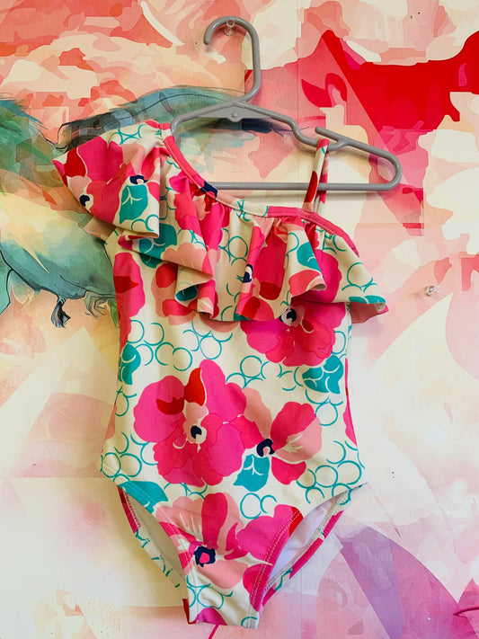 Janie & Jack pink, white, blue one piece floral swimsuit. Size 2T.