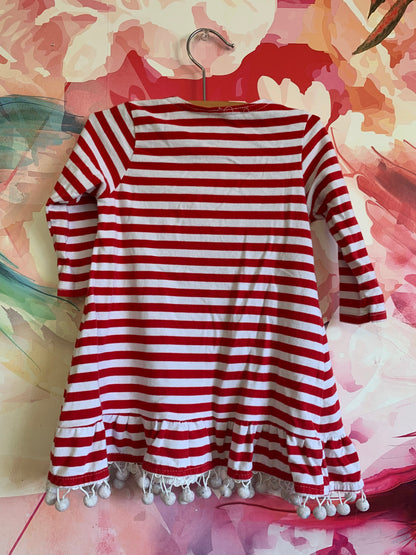 Red & white stripe dress with Pom Pom hem & Santa. No Size tag - about 12m.