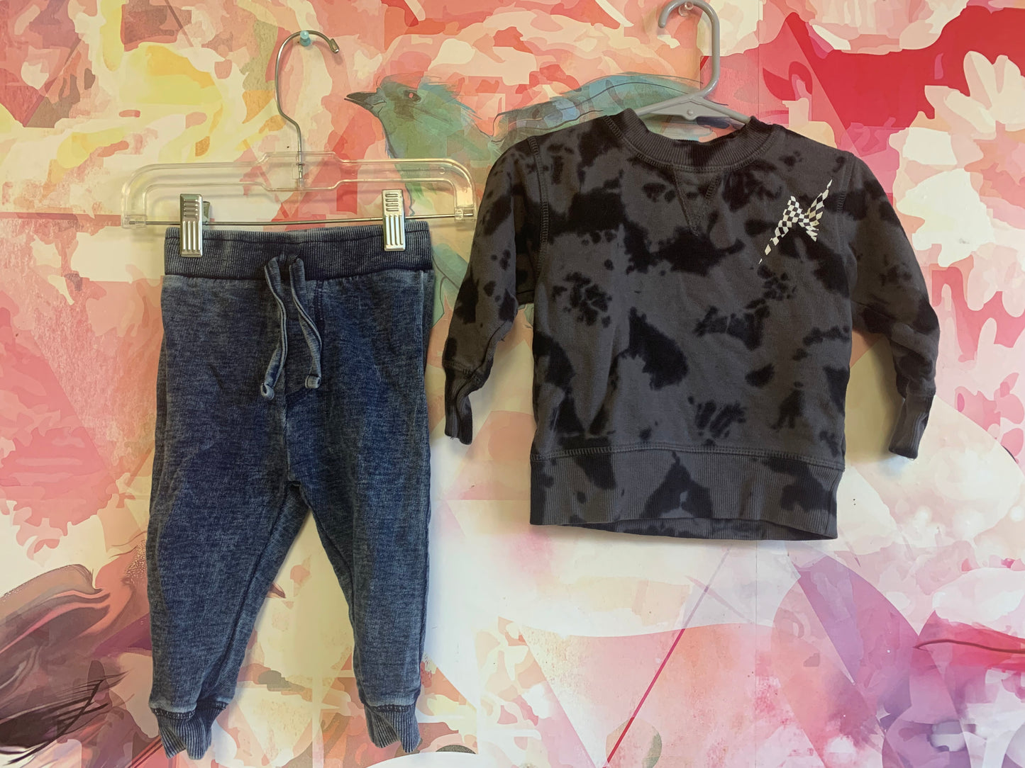 Mish black/grey sweatshirt & blue denim style cotton joggers. Both size 12m