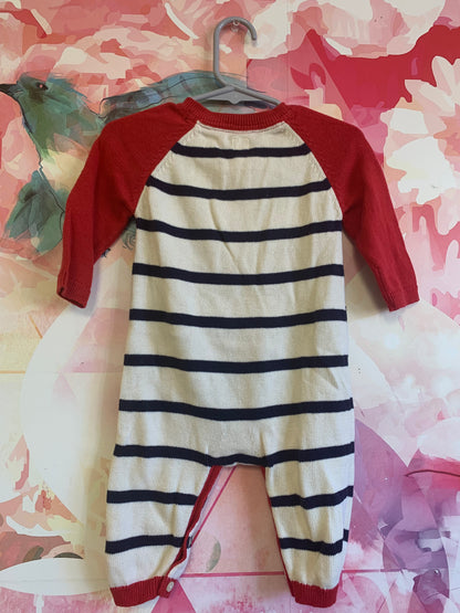 Baby Gap blue/white stripe knot romper with red sleeves and blue front pocket. Size 6-12m