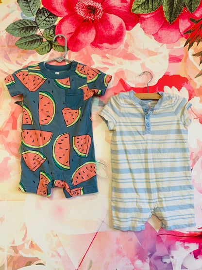 Tea Collection blue short sleeve romper with watermelons & Hanna Andersson blue/white stripe short sleeve romper. Size 12-18m