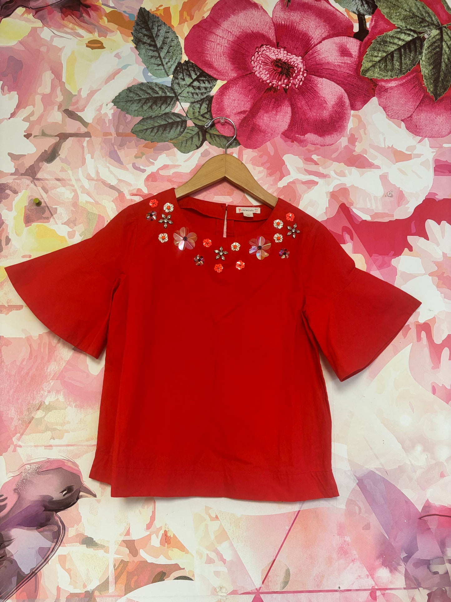 Crewcuts red short sleeve blouse with sequin & gemstone flowers. Size 10.