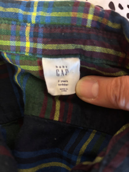 Baby Gap blue, green, red, yellow plaid button down. Size 2T.