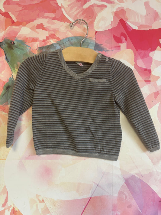 Bonpoint stripe grey & blue V-neck sweater with two shoulder buttons. Size 2T