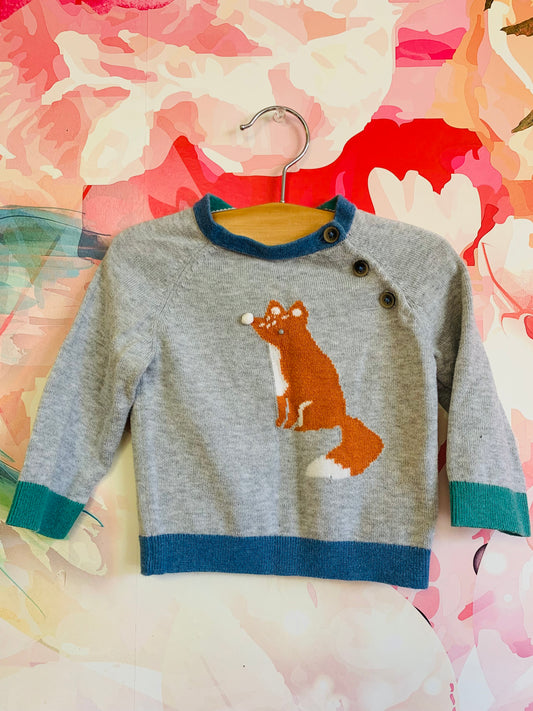 Baby Boden grey, blue, green, brown fox sweater. 100% cotton. Size 3-6m