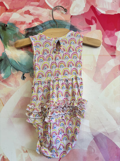 PLAY by Little Sleepies colorful rainbow sleeveless bamboo romper with back ruffles & matching headband. Size 6-12m