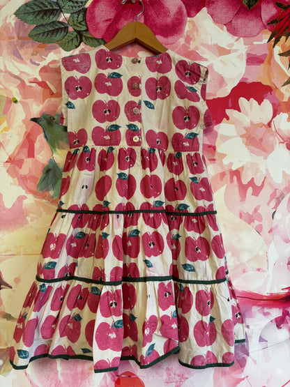 Pink Chicken apple stamp girls peachy dress. 100% cotton yarn dye. Cream, pink & green. Glitter buttons on back. Size 8