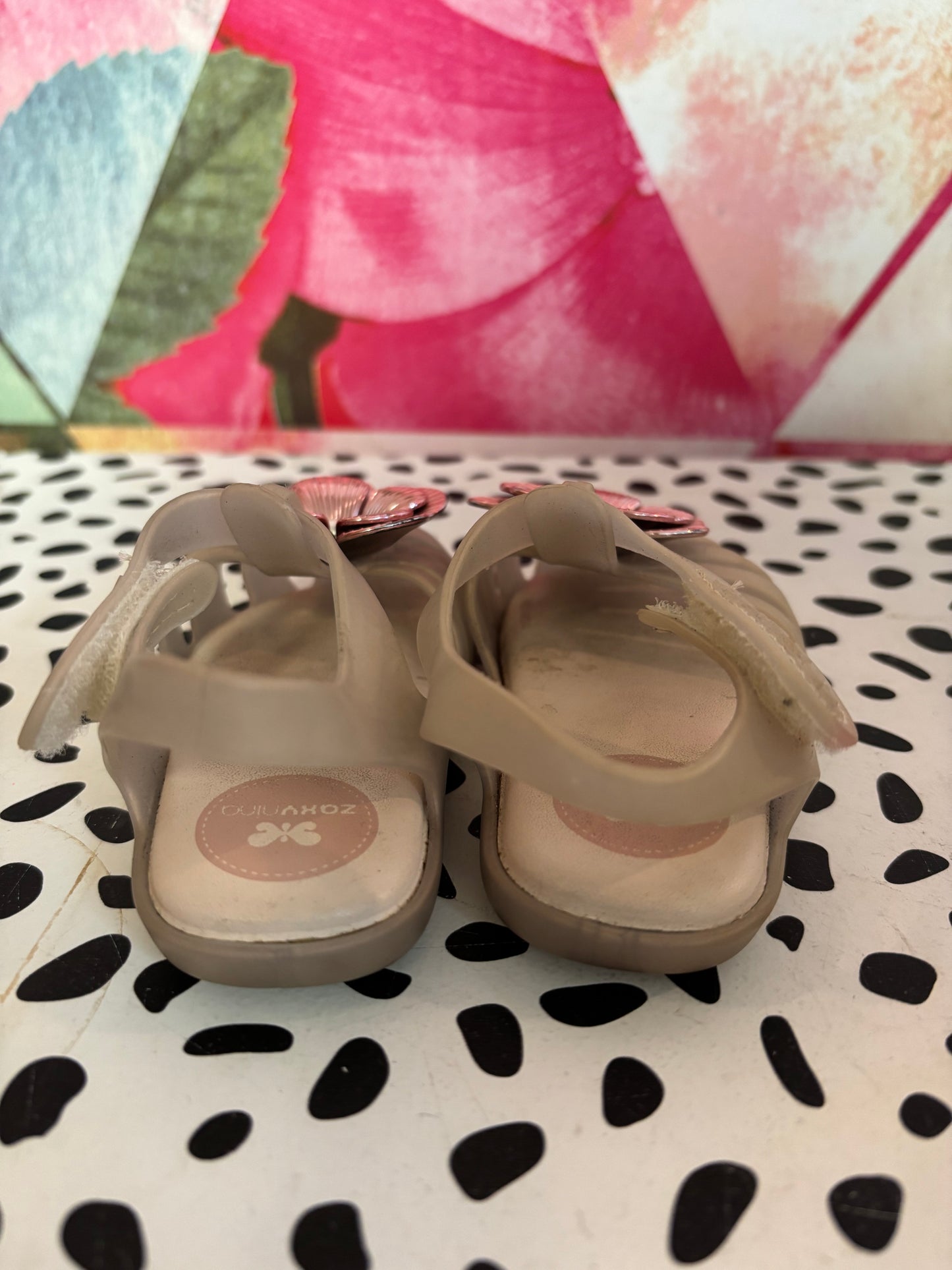 Zaxy Nina beige shoes with pink flowers & pearl. Velcro strap. Size 5