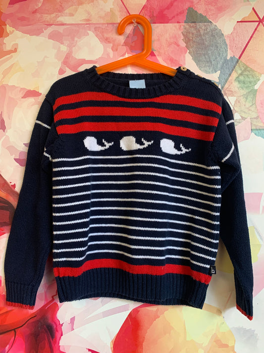 bella bliss red, blue, white stripe knot crewneck sweater with whales and shoulder buttons. Size 7