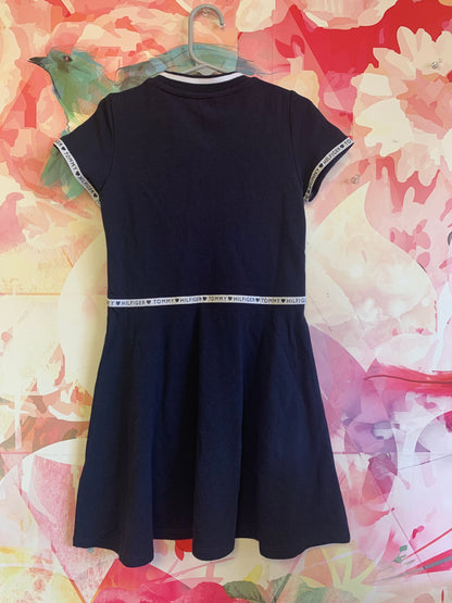 Tommy Hilfiger navy blue short sleeve dress with logo trim on sleeves & waist. Front zipper. Size 6.