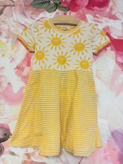 The Bonnie Mob cream & yellow knit short sleeve dress with stripes & smiling suns. Size 3T