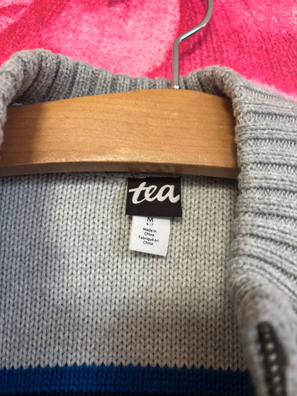 Tea Collection striped Traveler Zip Sweater in medium heather grey. Size 6/7.