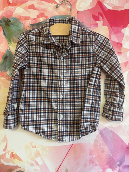 Janie & Jack blue, brown, cream plaid button down long sleeve shirt. Side 2T.