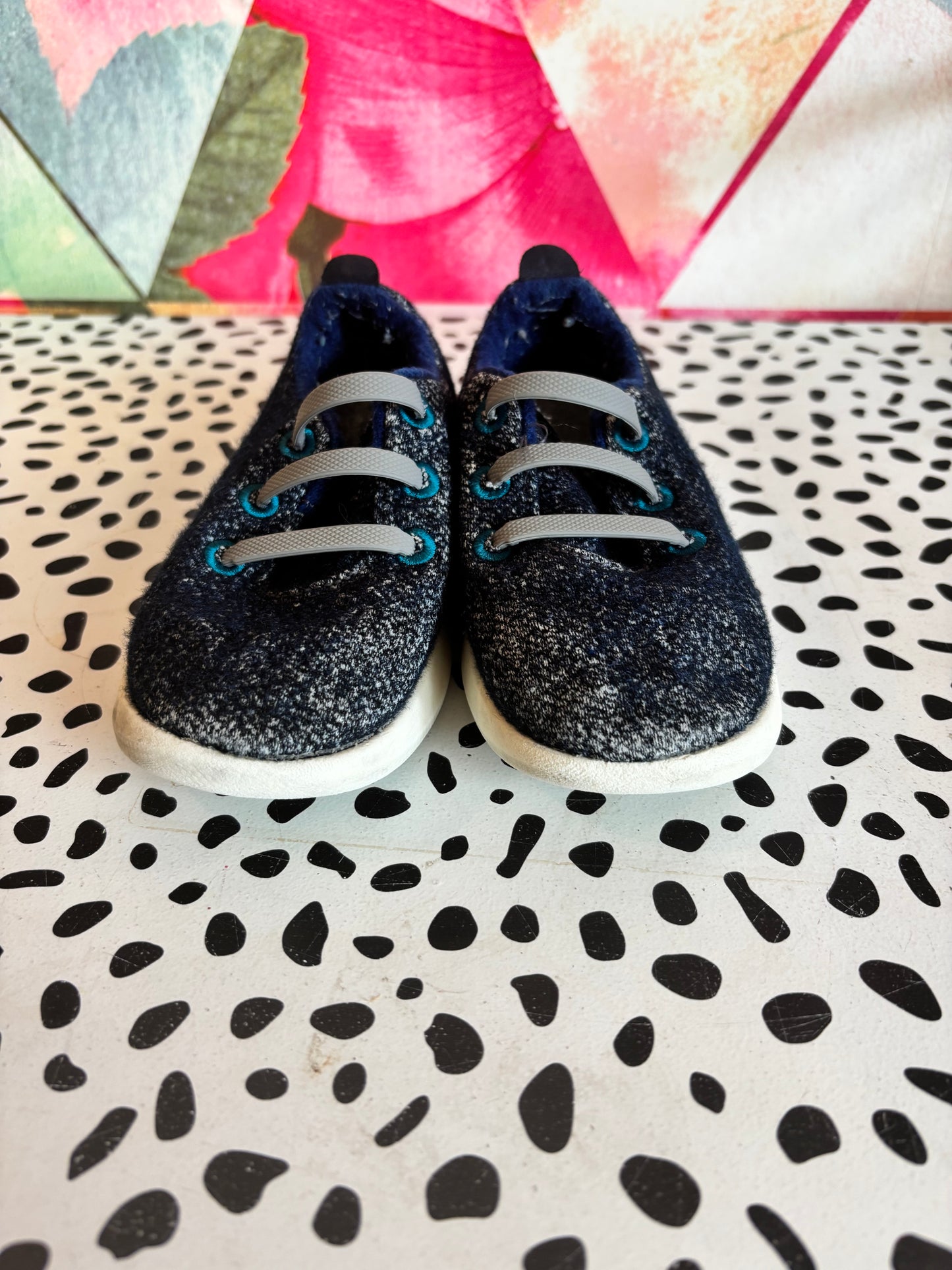 allbirds blue speckled wool slip on shoes with gray elastics. Size 10.