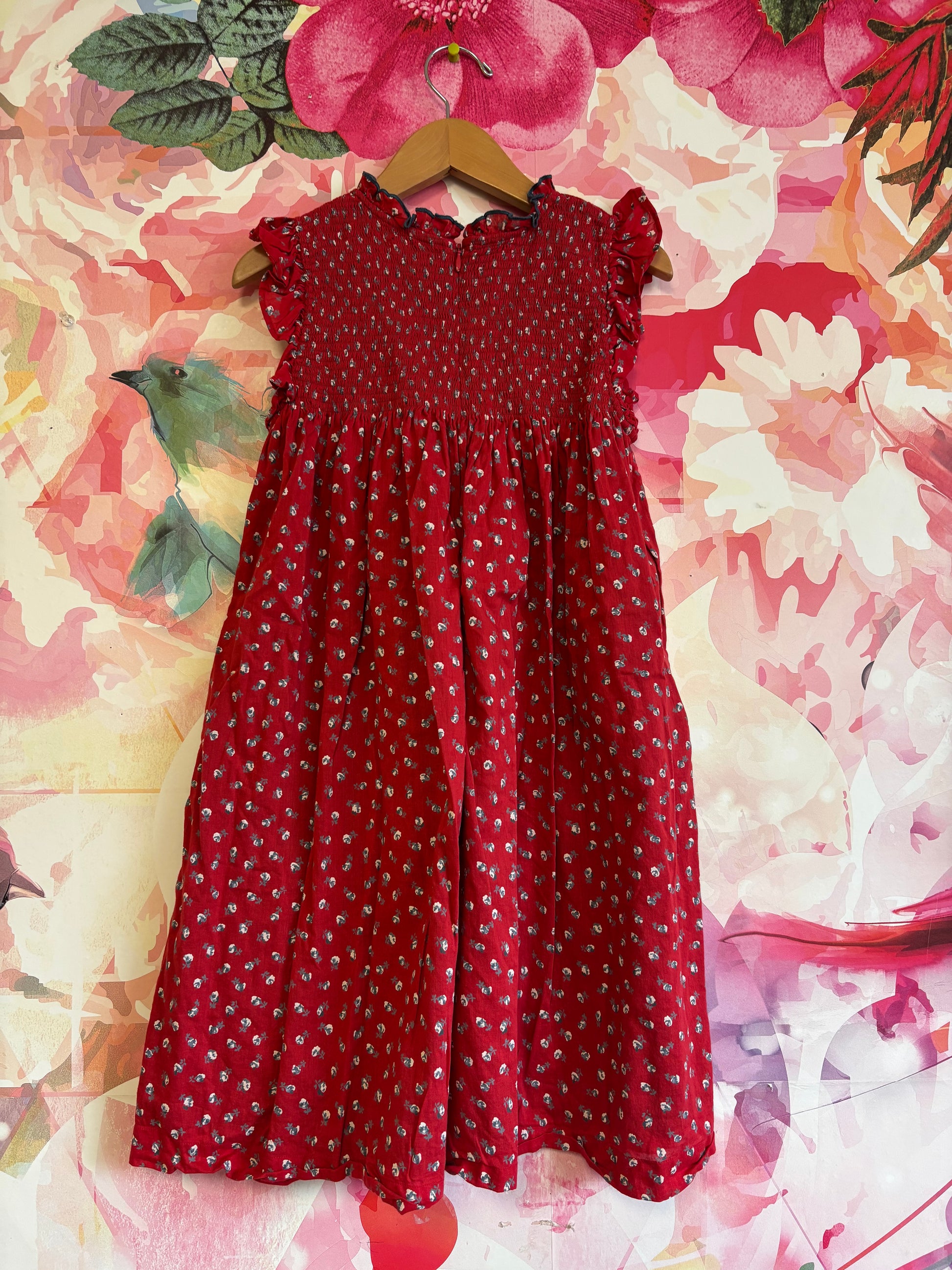 Pink Chicken red flutter sleeve dress with blue/white flowers and ruch Cloud & Bunny Pink Chicken red flutter sleeve dress with blue/white flowers and ruch Cloud & Bunny