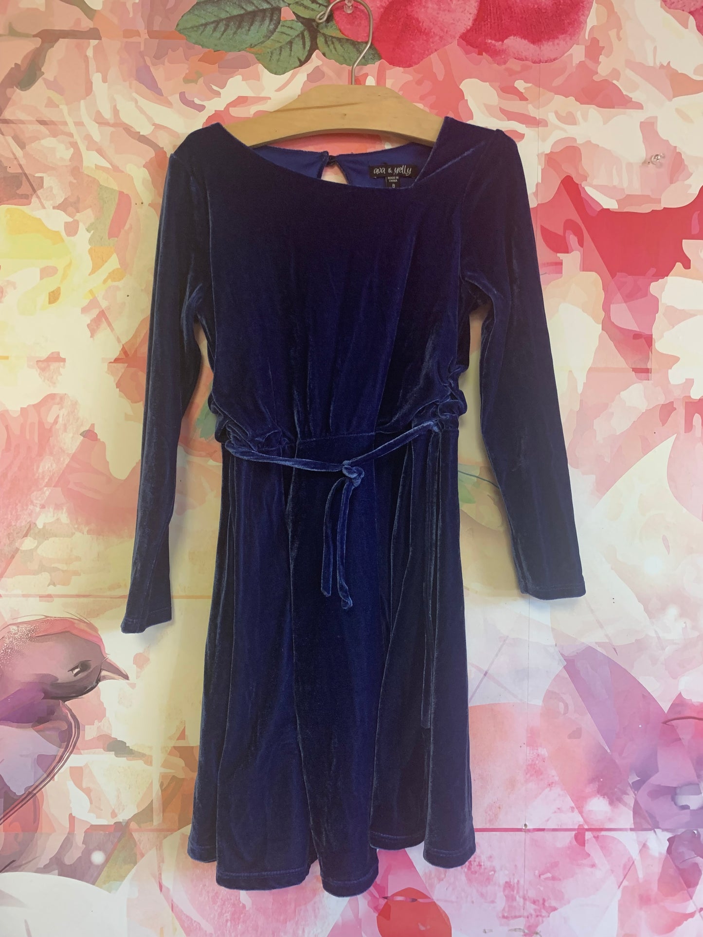 Ava & Yelly blue velour long sleeve dress with waist tie. Asymmetrical neckline. Size 8