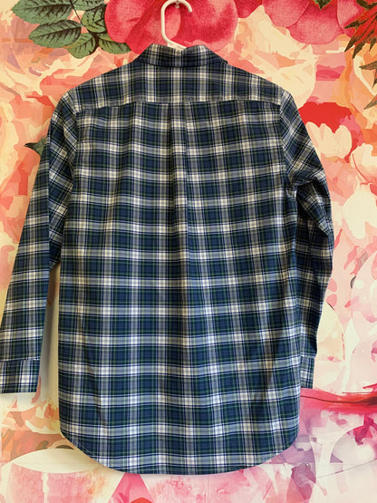 Vineyard Vines blue, white & green plaid button down shirt. On-the-go Performance. Size 12/14