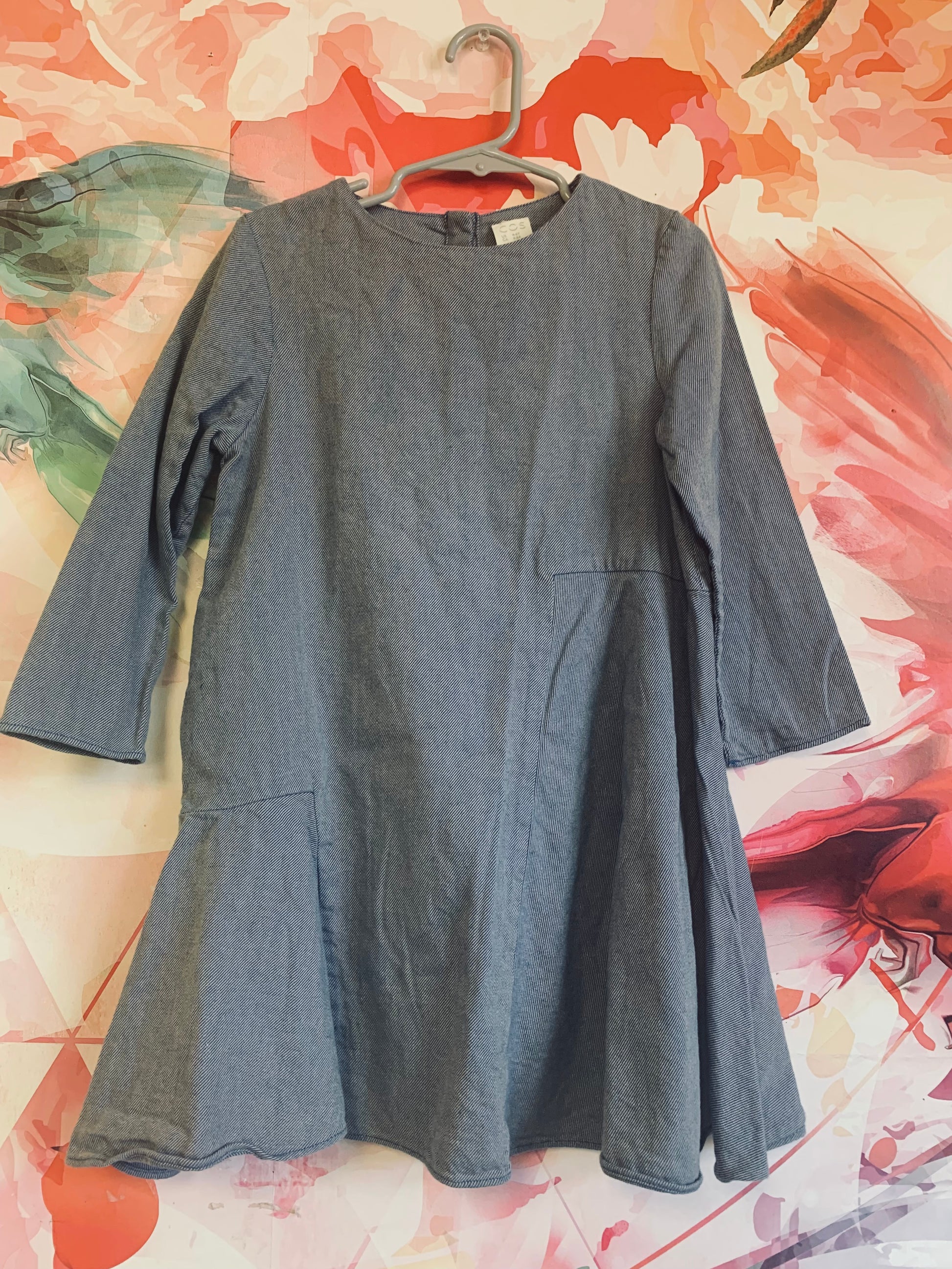 COS blue 100% cotton dress with flare skirt & one pocket. Snap closure on back. Size 4T