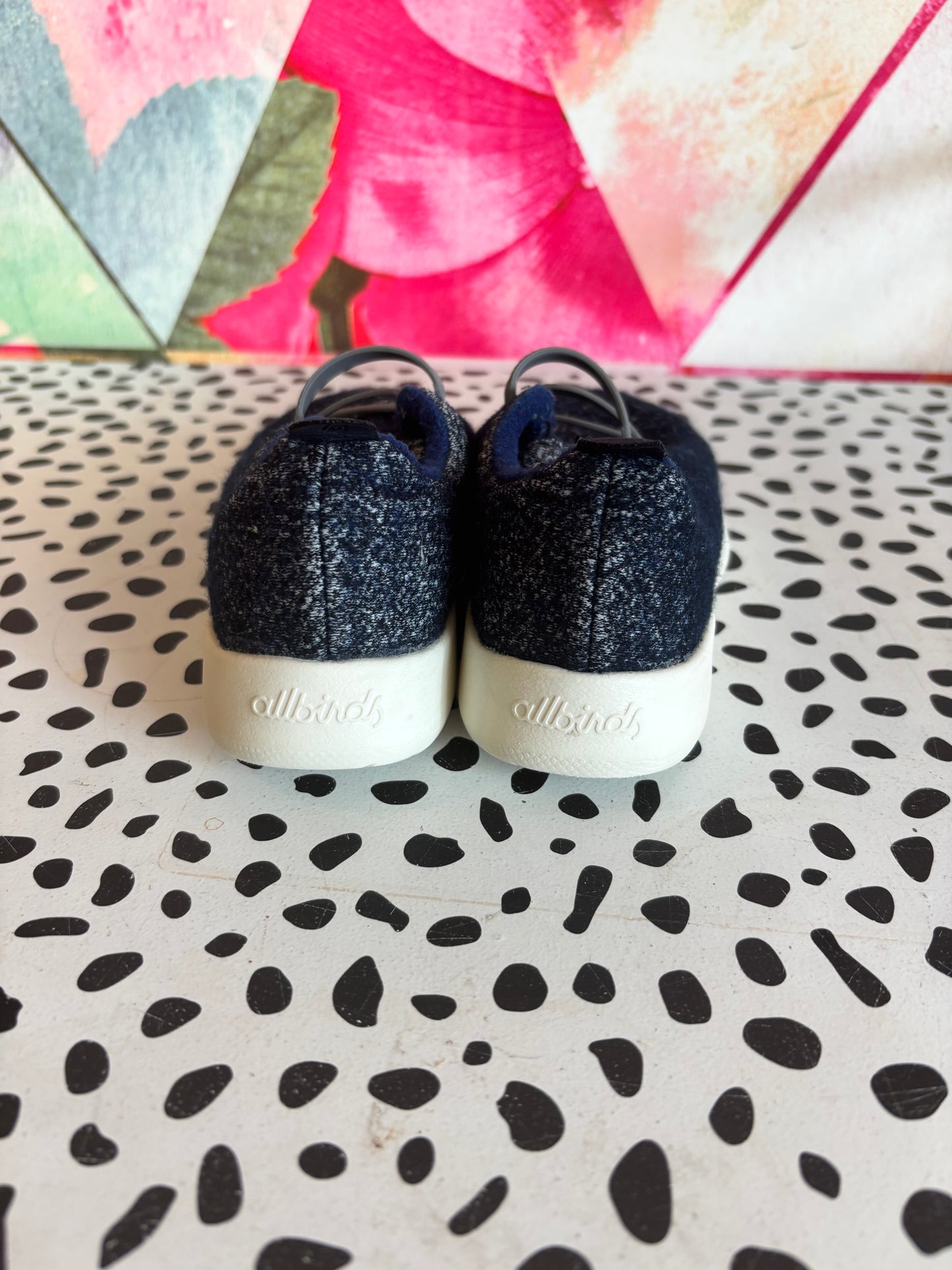 allbirds blue speckled wool slip on shoes with gray elastics. Size 10.
