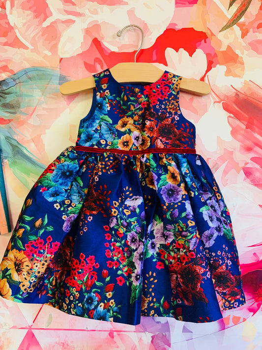 Pippa & Julie blue sleeveless dress with colorful flowers, red waistband, full tulle skirt. Size 12m