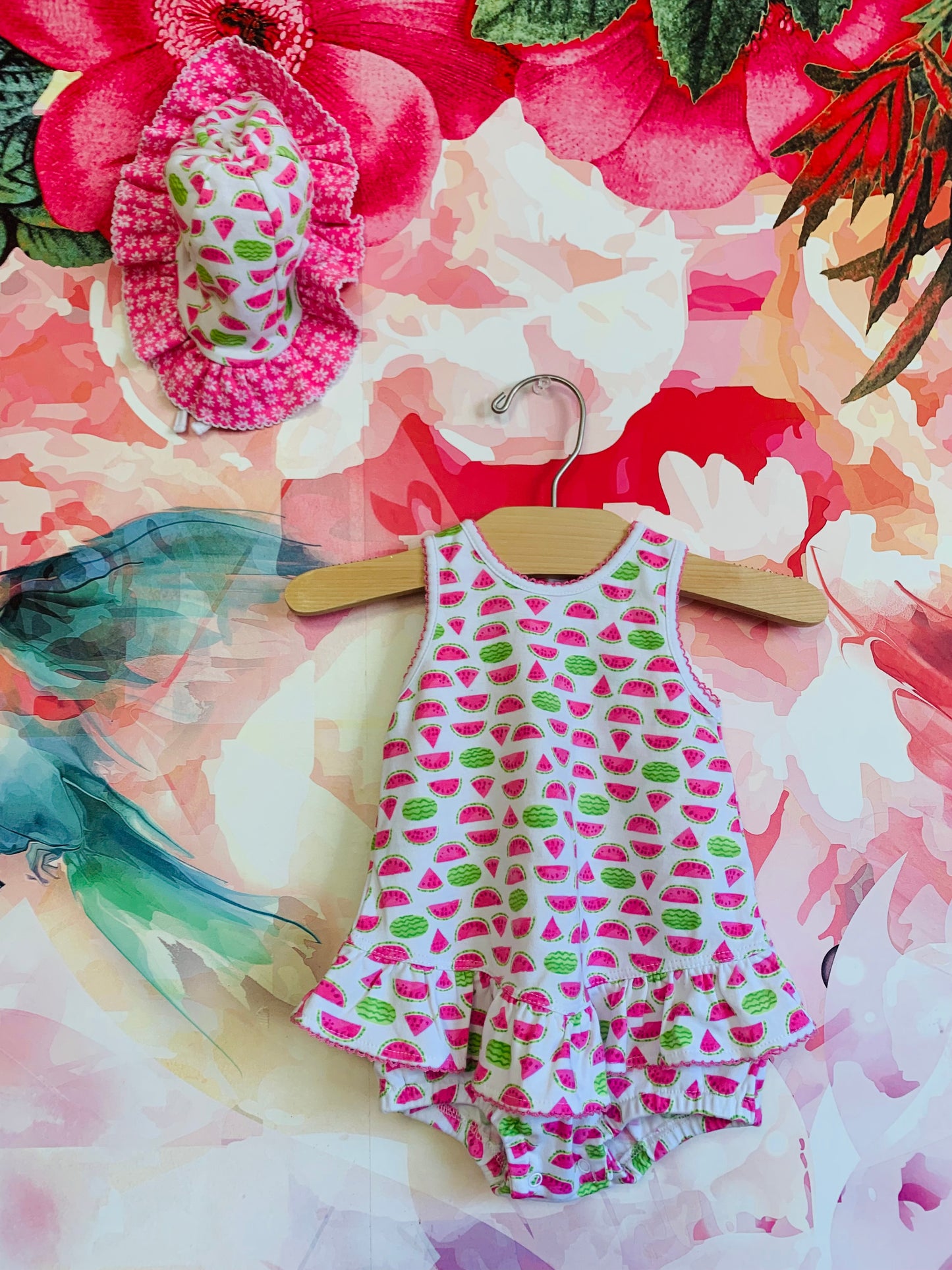 kissy kissy watermelon slice bubble romper dress with matching hat. Size 6-9m