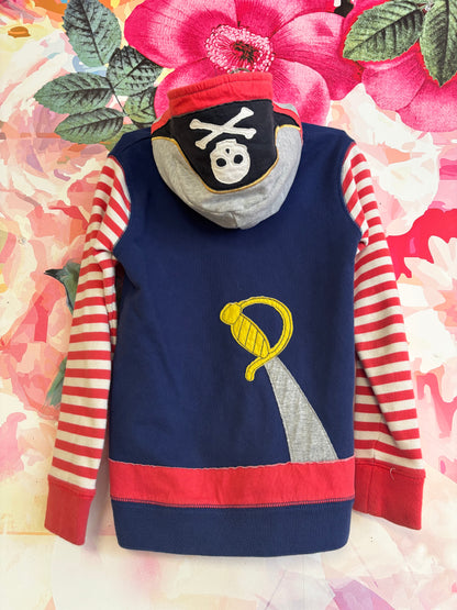 Mini Boden blue zip up pirate hoodie with red/white stripe sleeves, sword on back. Size 7/8