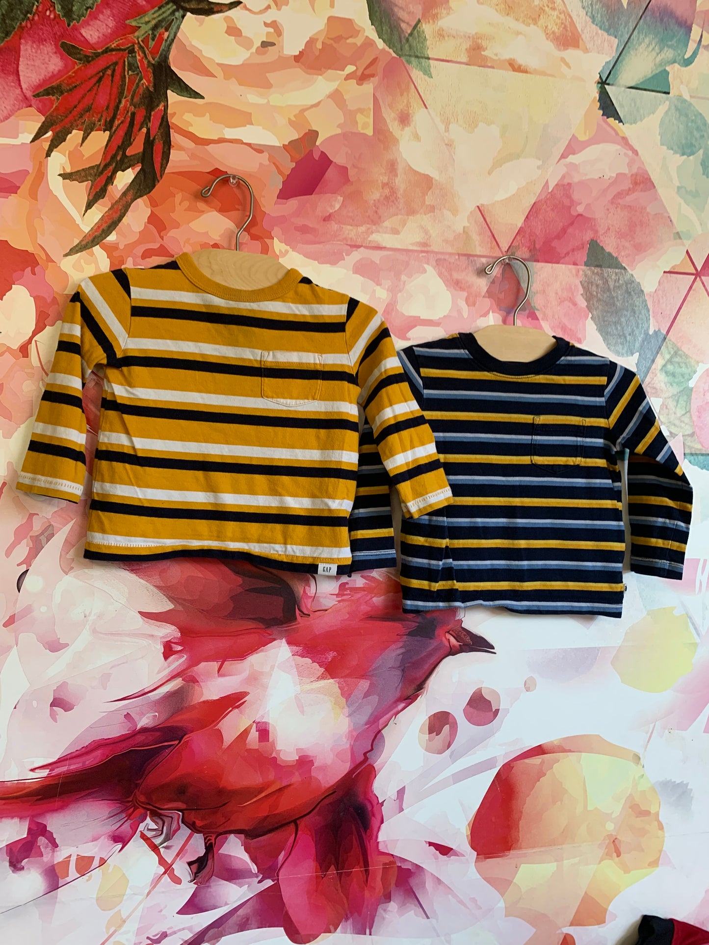 Gap bundle! 2 long sleeve striped shirts. Blue, yellow, white. Size 12-18m