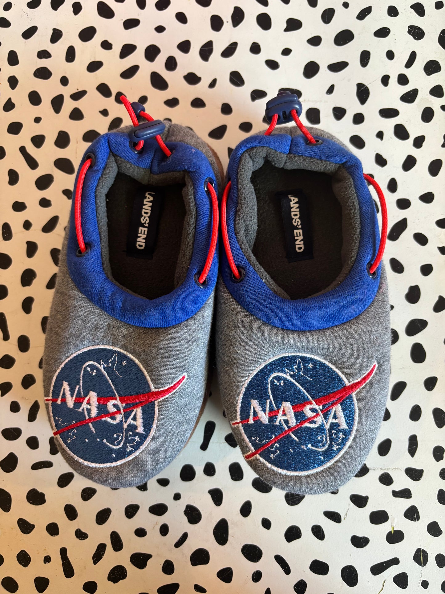 Lands End blue & grey slippers. NASA design with adjustable elastic. Size 13.