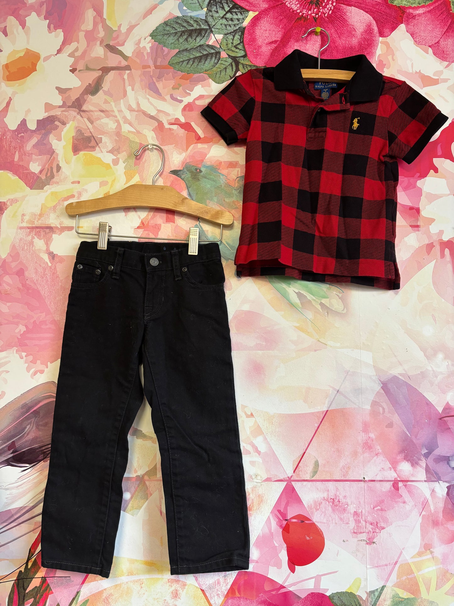 Polo Ralph Lauren black jeans & red/black checkered short sleeve polo. Size 3T