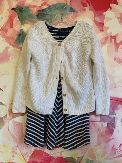 Petit Louie blue and white stripe short sleeve dress. Baby B’gosh white 100% cotton cardigan. Both size 5T