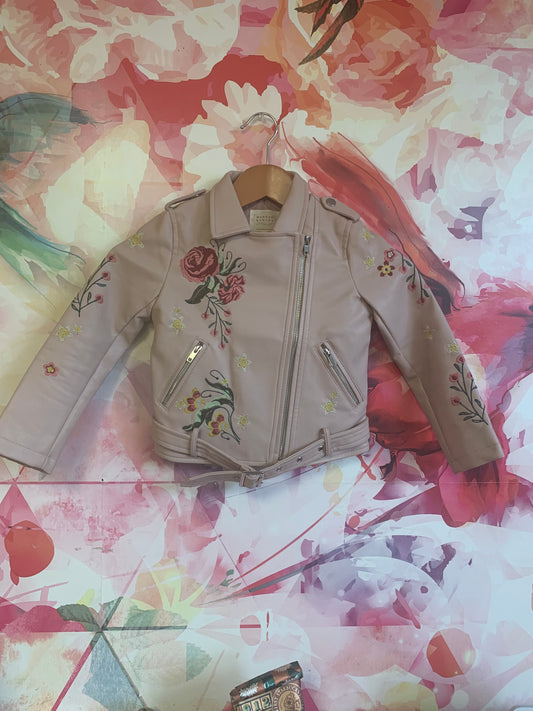 Hannah Banana by Sara Sara pink pleather biker jacket with embroidered flowers. Size 6T