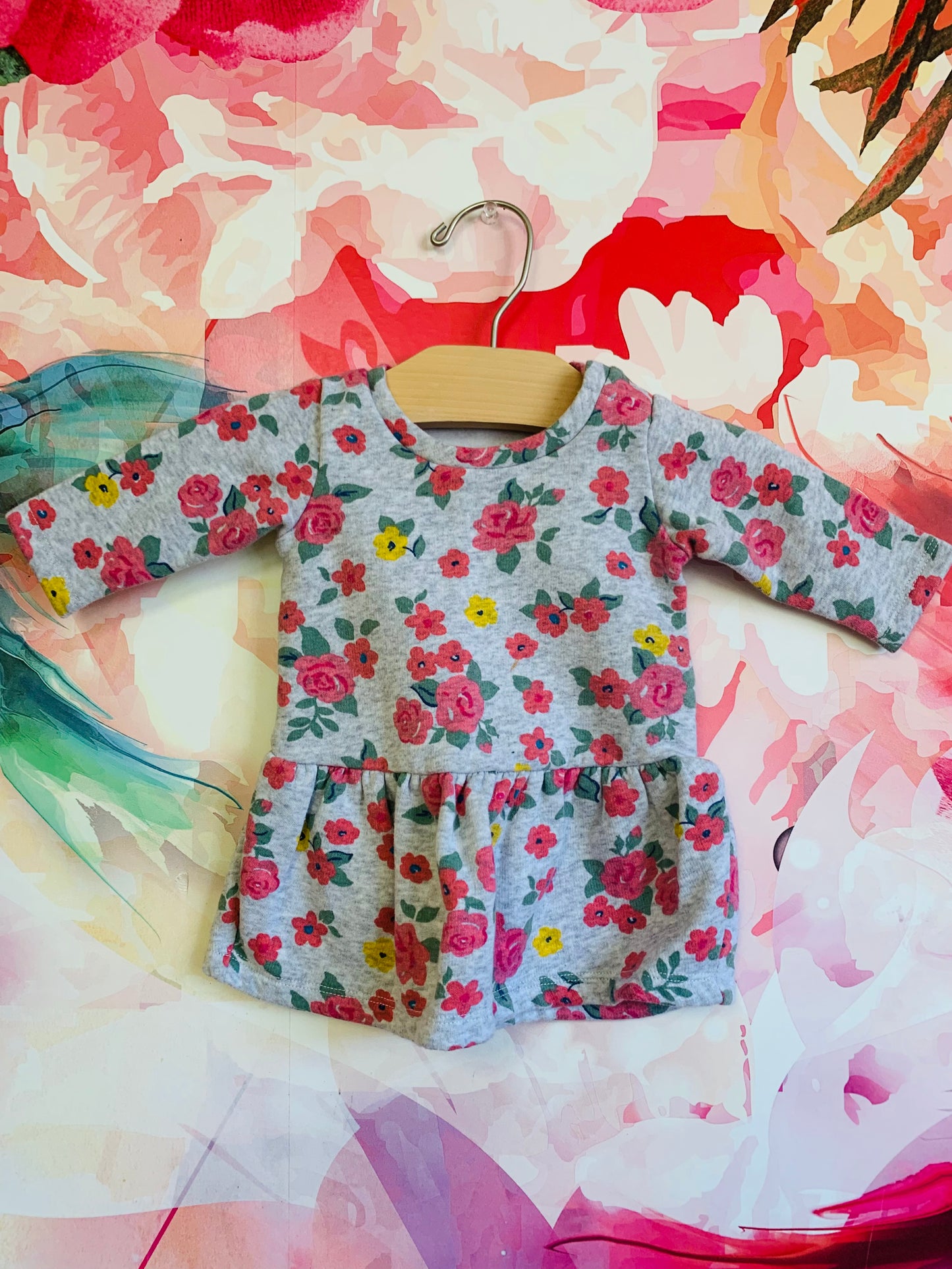 Benetton Baby grey long sleeve sweatshirt dress with pink & yellow flowers. Size 1-3m