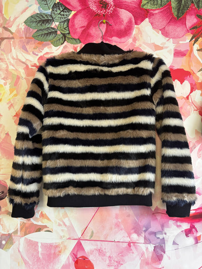 Appaman Nikki Bomber jacket. Faux fur striped black/tan/cream/blue. Size 12.