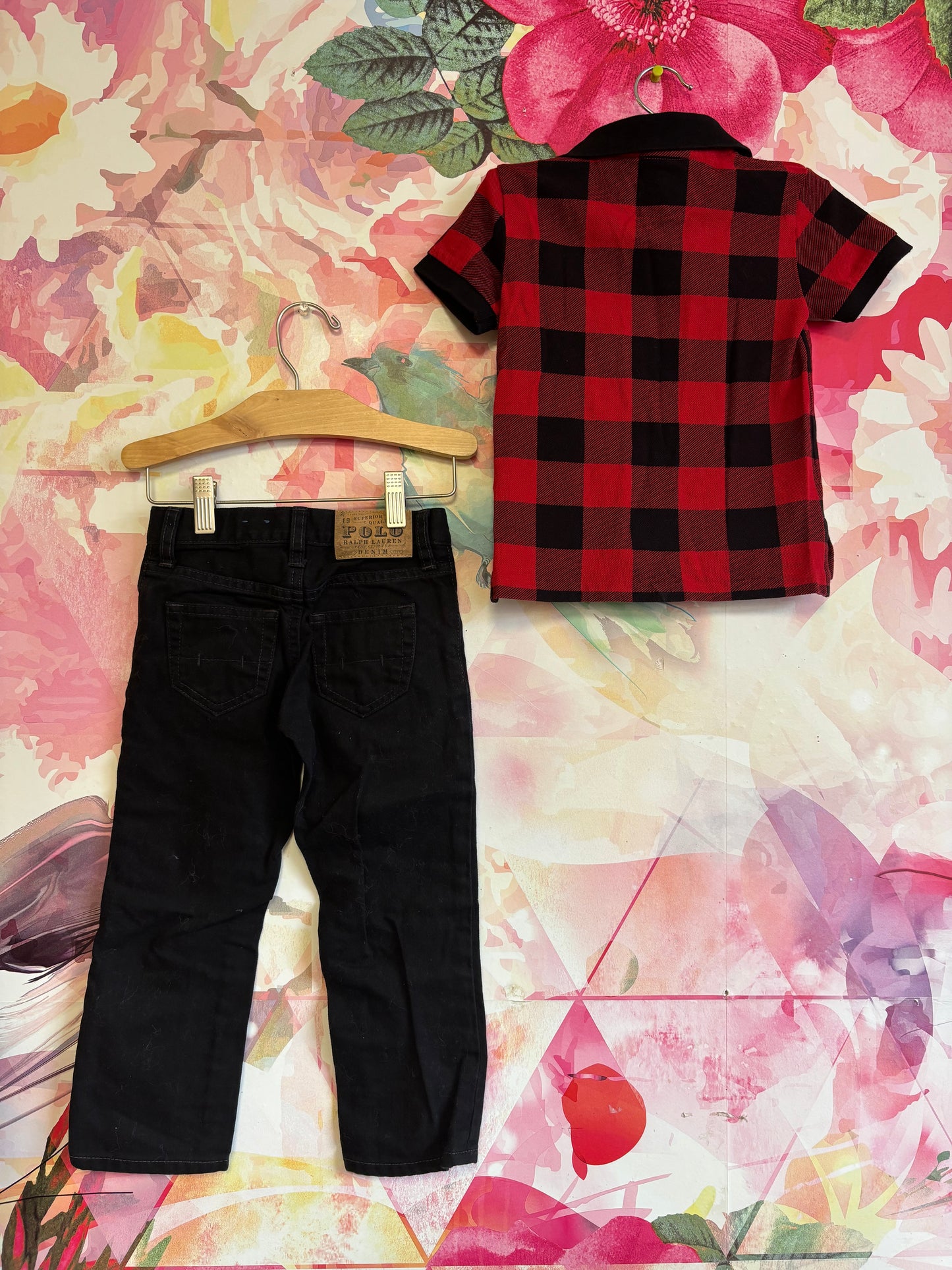 Polo Ralph Lauren black jeans & red/black checkered short sleeve polo. Size 3T