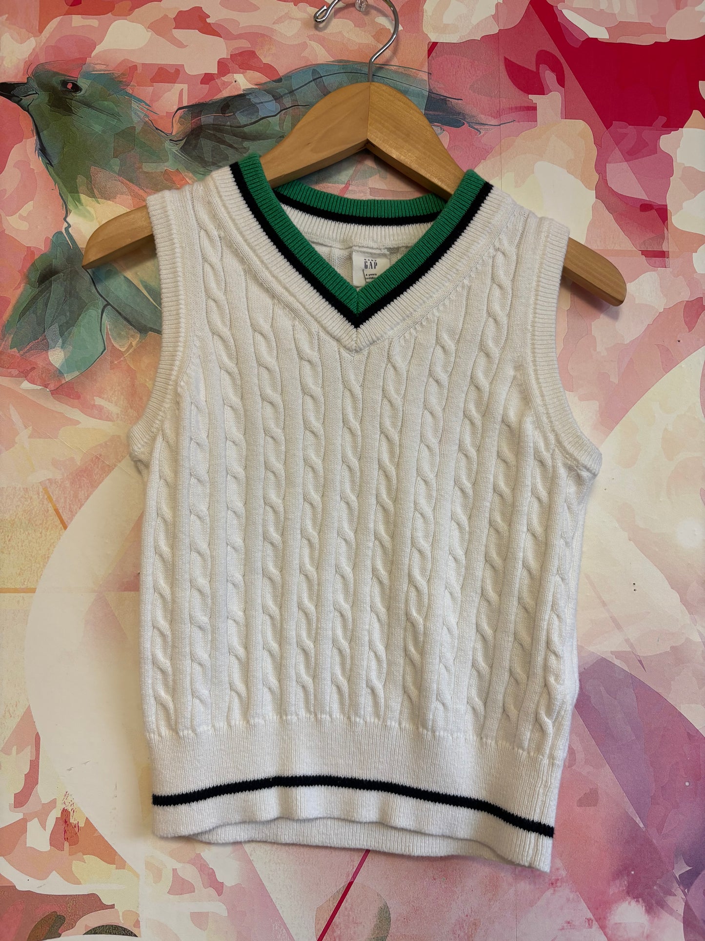 Baby Gap white knit vest with blue/green stripe on neck. Size 4T.