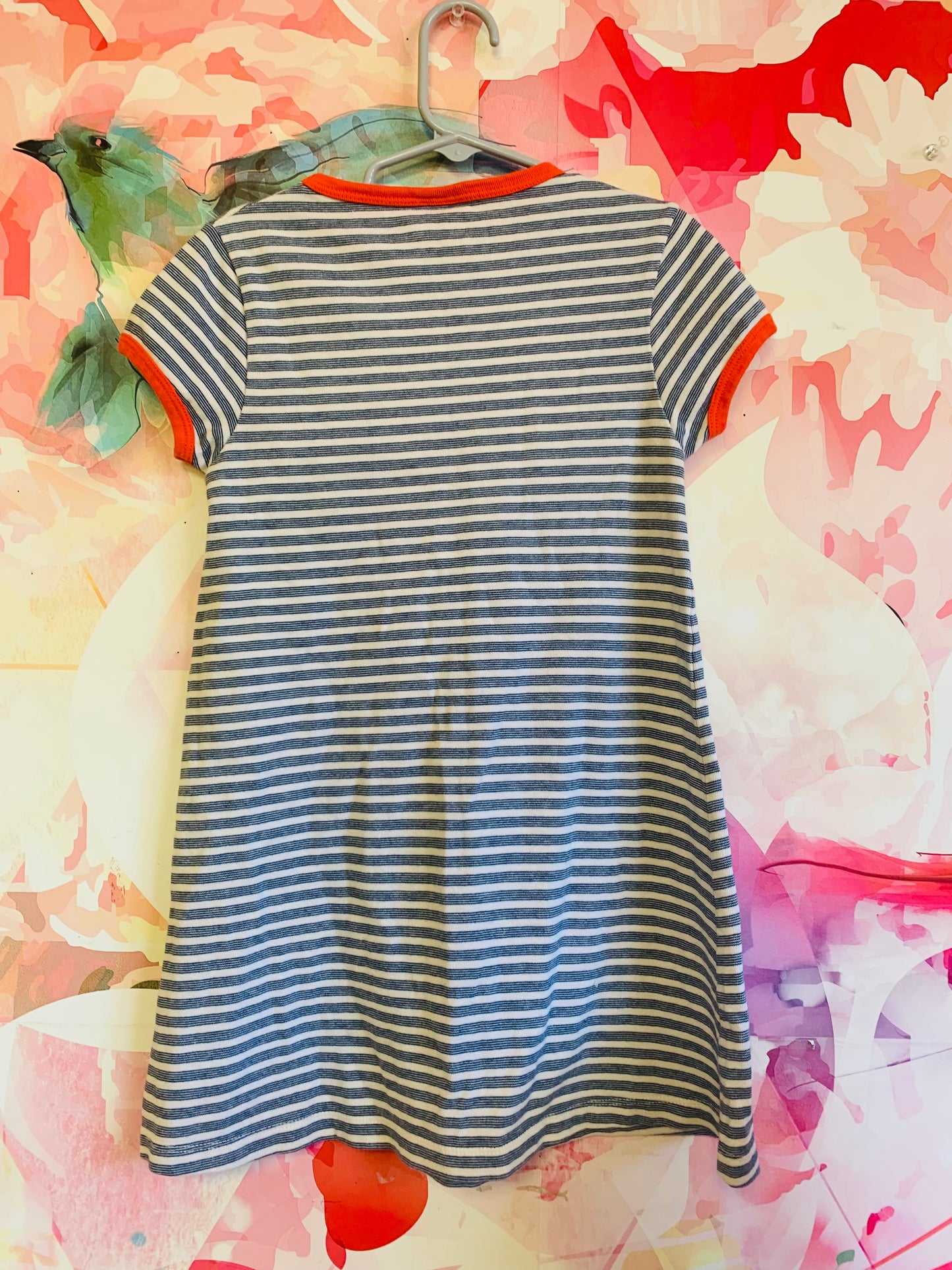 loud + proud 100% organic cotton short sleeve blue & white striped dress. Orange trim and front kangaroo pocket. Size 5T