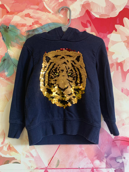 H&M blue hoodie pullover with gold sequin lion face. Size 3/4T