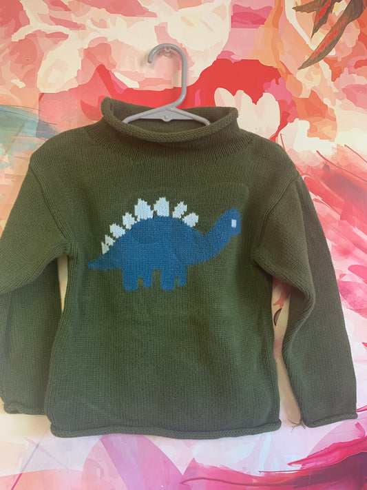 Classic Prep green knit sweater with roll neck and blue dinosaur. Size 3t.