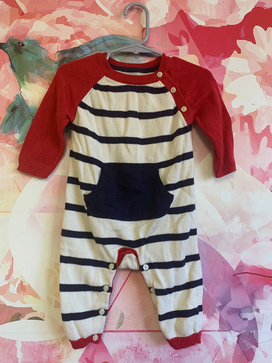 Baby Gap blue/white stripe knot romper with red sleeves and blue front pocket. Size 6-12m