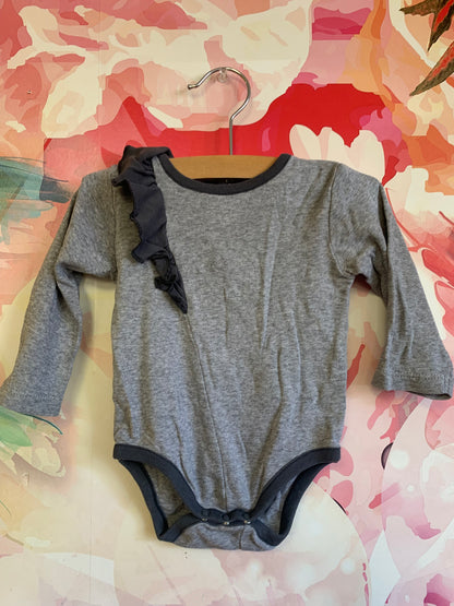 Monica & Andy grey long sleeve onesie with dark grey ruffle over one shoulder. Size 3-6m