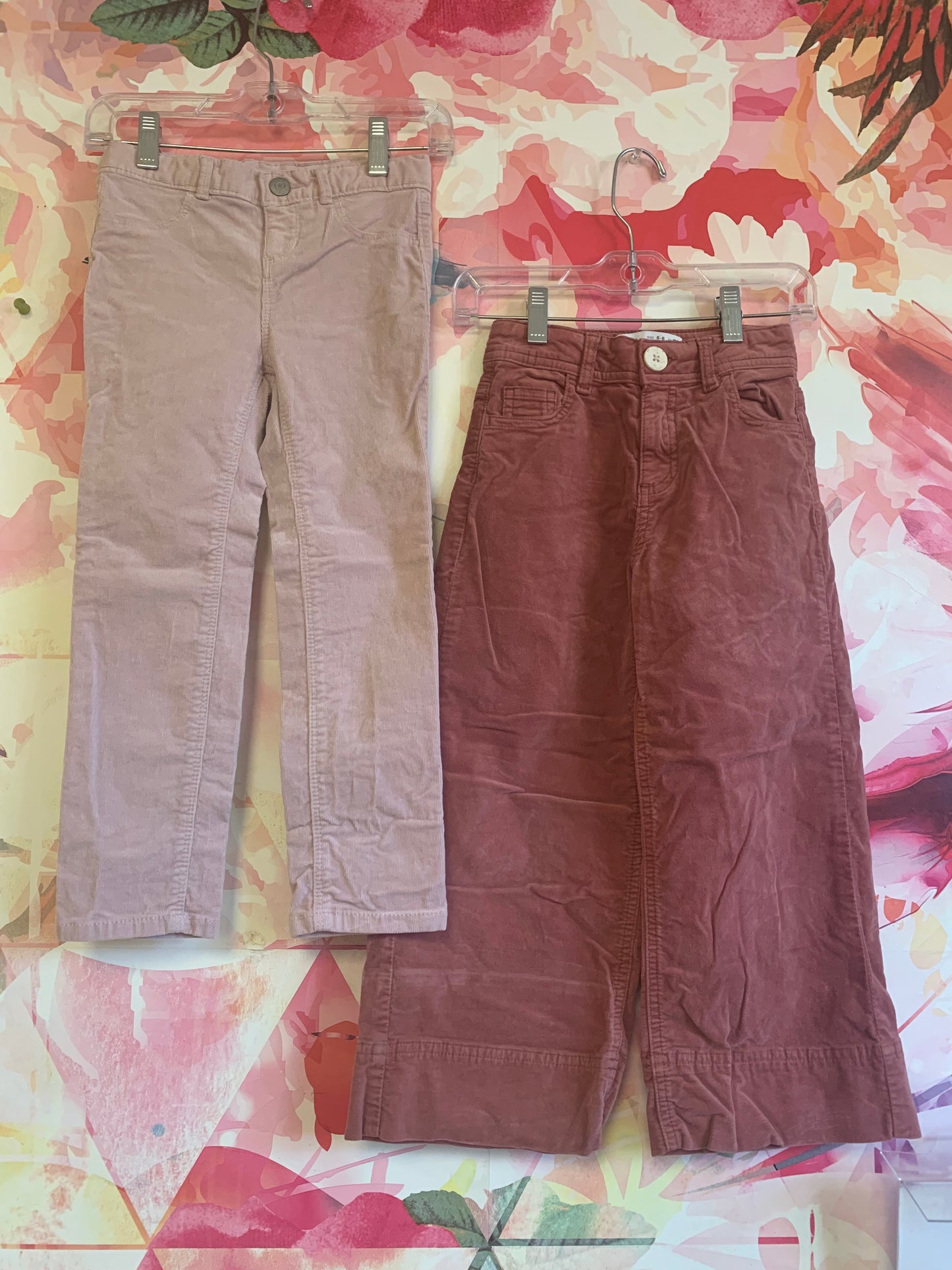 Two pairs of pants. Old Navy light pink skinny corduroys. Size 5. Zara Rose pink velour wide leg pants. Size 5/6.