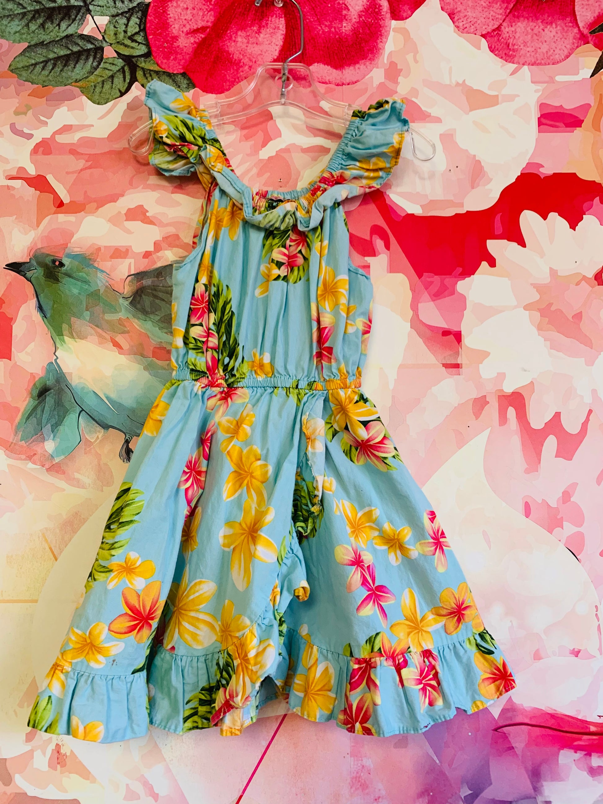 D&C Fashion blue, yellow, pink green dress with flowers and monstera leaves. Size 4T D&C Fashion blue, yellow, pink green dress with flowers and monstera leaves. Size 4T
