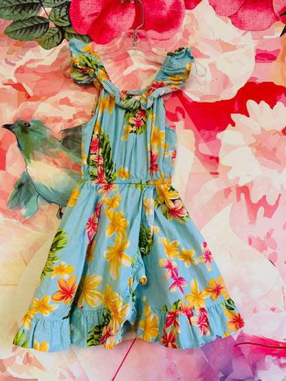 D&C Fashion blue, yellow, pink green dress with flowers and monstera leaves. Size 4T D&C Fashion blue, yellow, pink green dress with flowers and monstera leaves. Size 4T