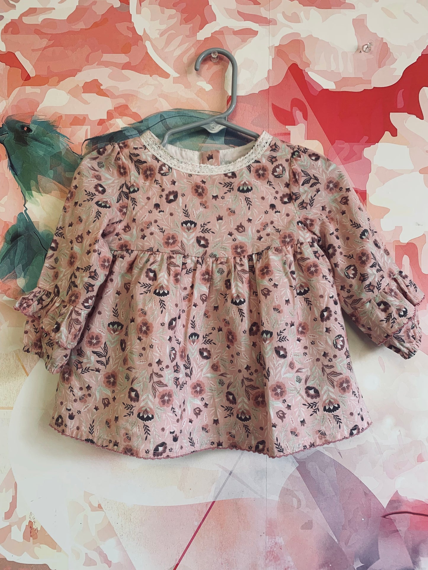 Cynthia Rowley pink long sleeve dress with flowers and pink stitching on hems. Size 3-6m