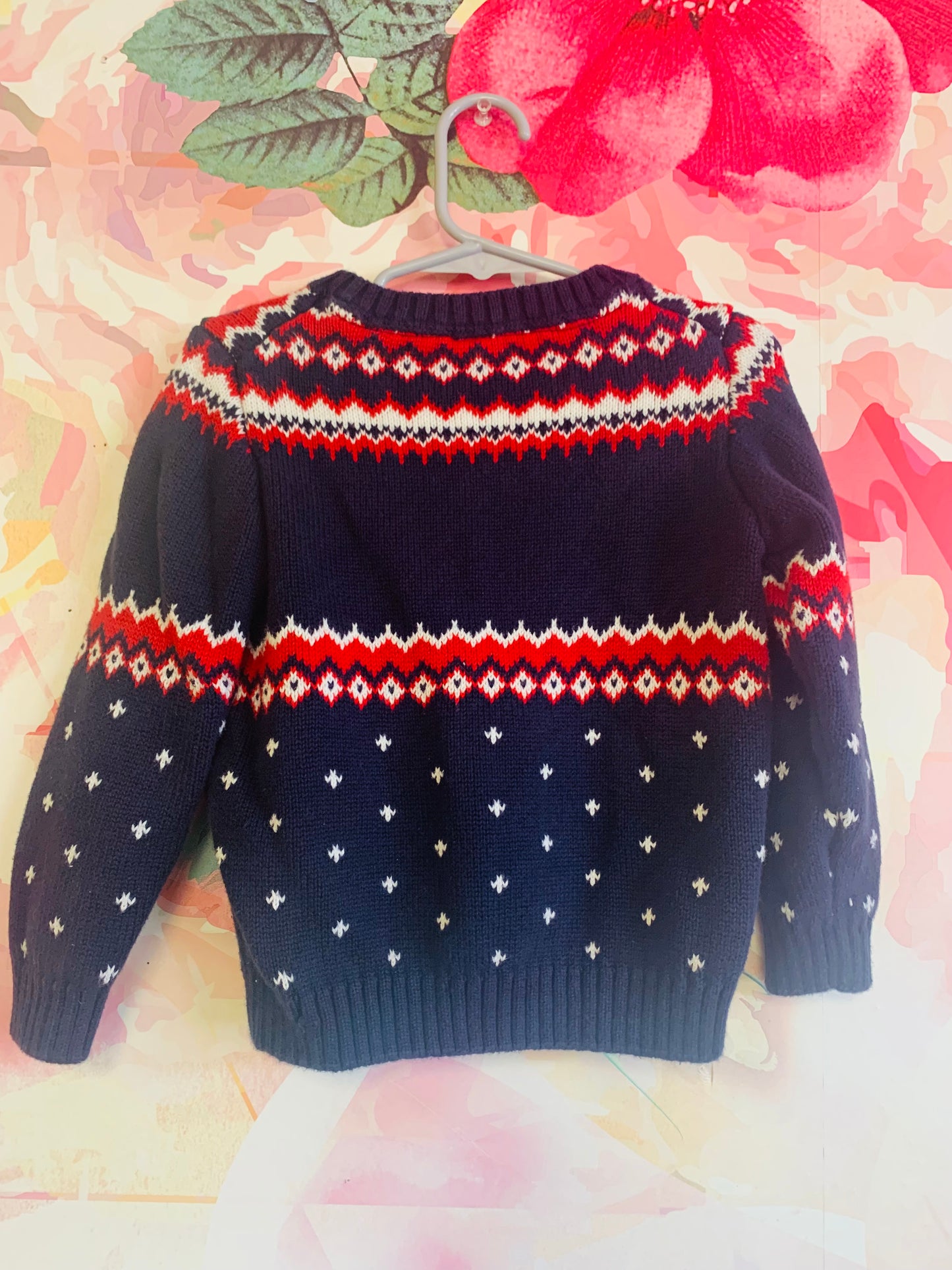 Janie & Jack blue, red, white knit crewcut sweater with deer & pine tree. Size 2T. 2 available.