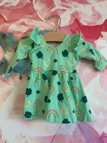 Monica & Andy green long sleeve dress with rainbows, shamrocks & horseshoes. Size 0-6m