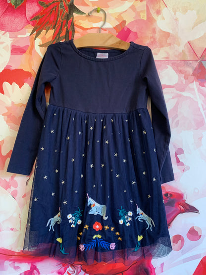 Hanna Andersson navy blue long sleeve dress with tulle skirt. Embroidered with stars, unicorns, flowers. Size 5T Hanna Andersson navy blue long sleeve dress with tulle skirt. Embroidered with stars, unicorns, flowers. Size 5T