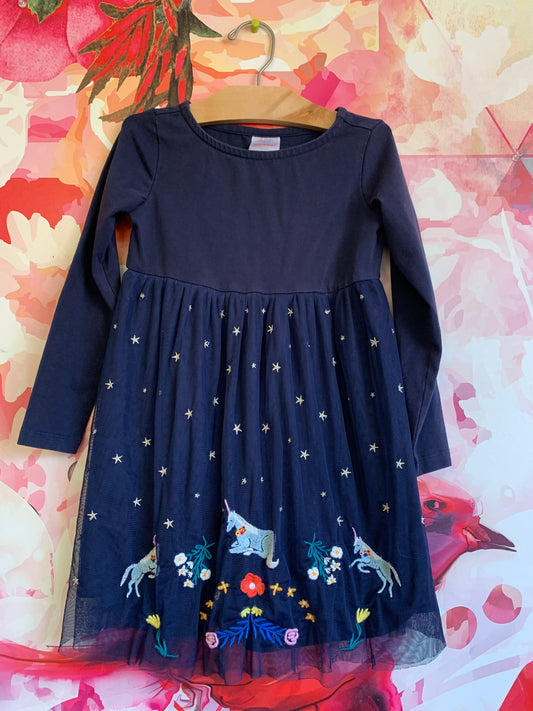 Hanna Andersson navy blue long sleeve dress with tulle skirt. Embroidered with stars, unicorns, flowers. Size 5