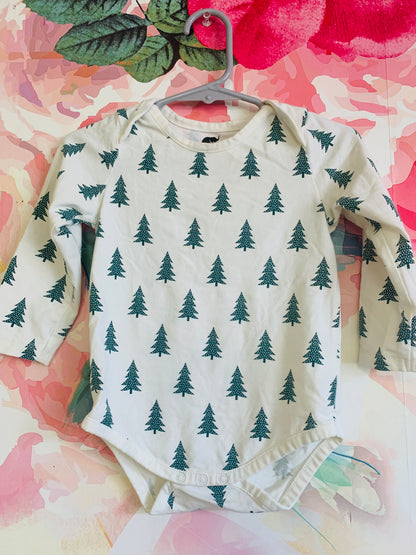 Monica & Andy cream long sleeve onesie with green pine trees. Size 12-18months. 2 available.