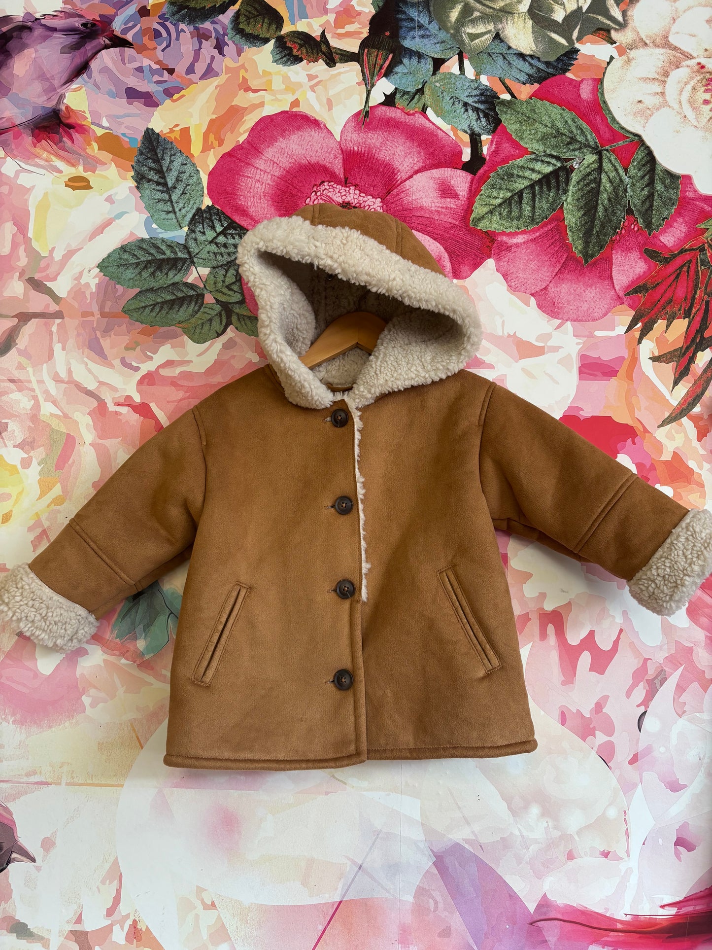 Zara brown suede fleece lined jacket with hood. Size 2-3T